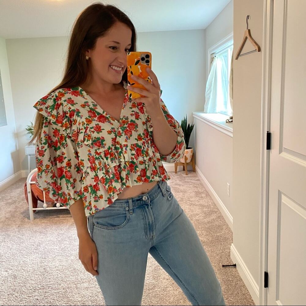 Rhode Resort White Pink Red Floral Dazzle Elodie Crop Blouse Top Medium M - Picture 10 of 15